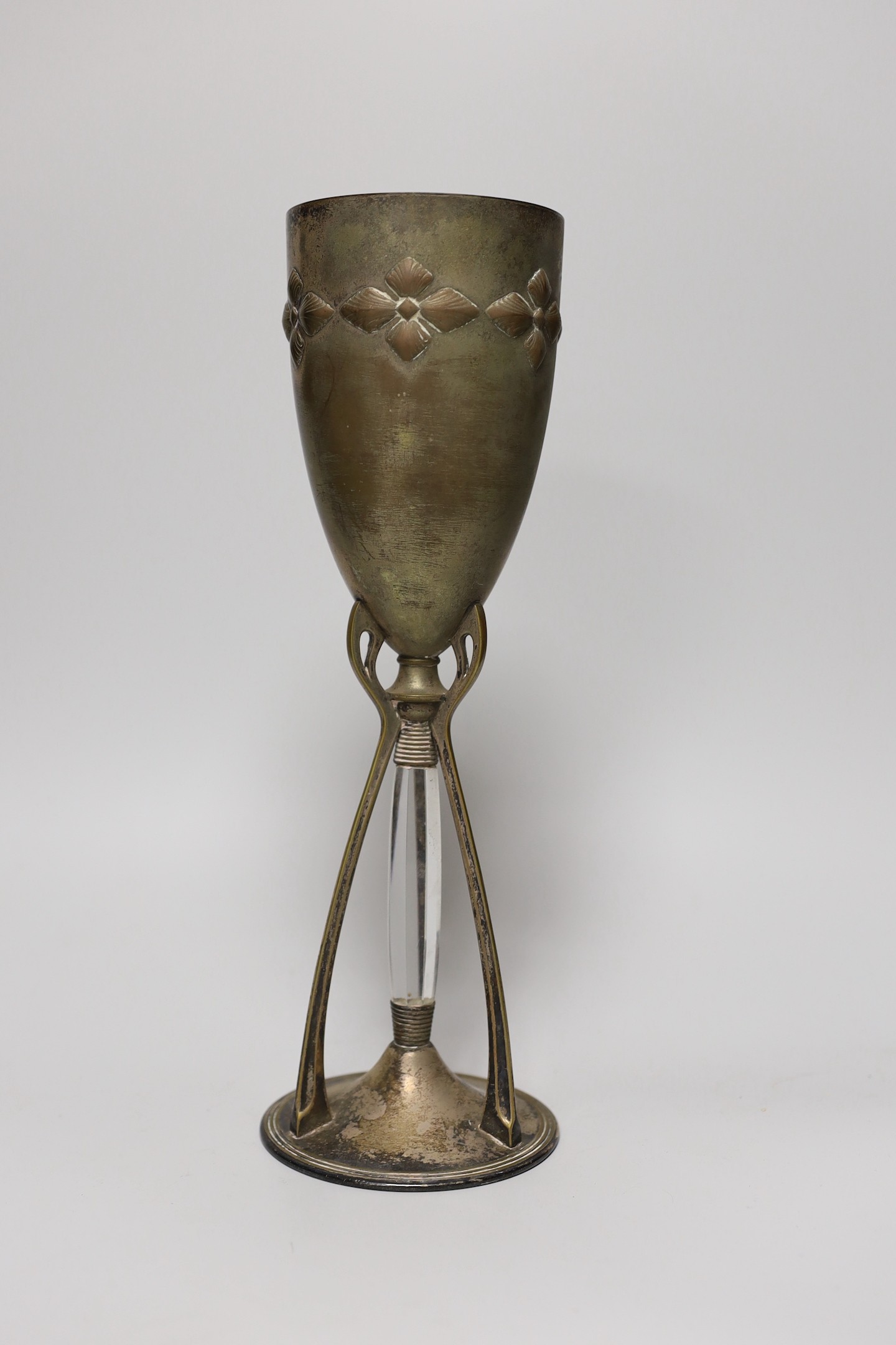 A WMF goblet vase with tri-stemmed base and central glass support. 31.5cm high